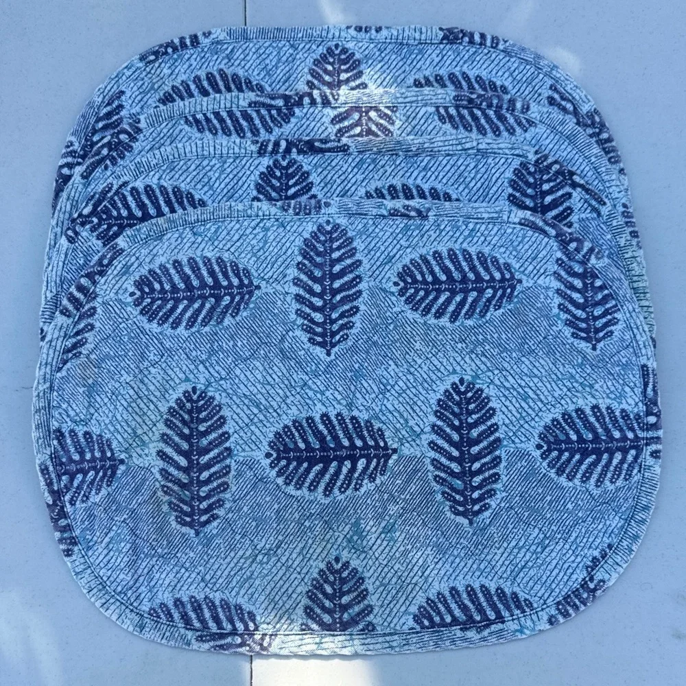 Pier 1 Blue Leaf Patterned Quilted Placemats, Set of 4, 100% Cotton